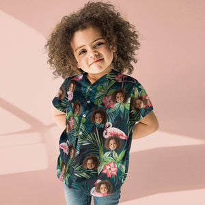 カスタムフェイスシャツ-写真入れ可能な子供用アロハシャツフラミンゴフラワー