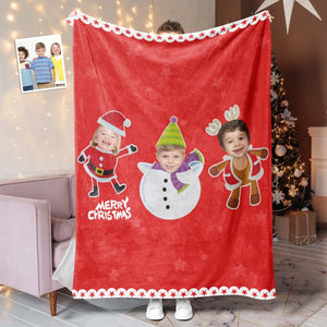 カスタムフォトブランケット - 子供たちの写真入れ可能なクリスマスフリース毛布ひざかけギフト - サンタクロースと雪だるまとトナカイ