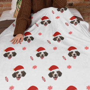 カスタムフォトブランケット-ペット写真入れ可能なサンタ帽子とお菓子柄のフリース毛布クリスマスひざかけギフト