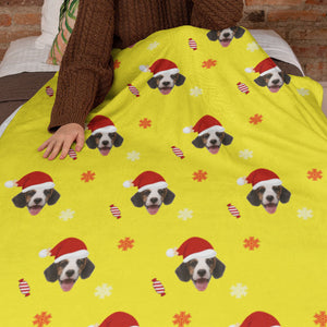 カスタムフォトブランケット-ペット写真入れ可能なサンタ帽子とお菓子柄のフリース毛布クリスマスひざかけギフト