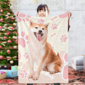 カスタムフォトブランケット-可愛いペット写真入れ可能な犬の肉球と骨柄のフリース毛布子供へのクリスマスひざかけギフト