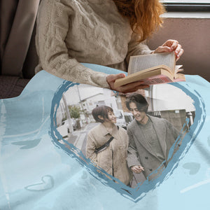 カスタムフォトブランケット-カップルの写真入れ可能なハート柄のフリース毛布恋人へのバレンタインひざかけギフト