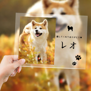カスタムフォトアクリル製写真立て‐愛犬の写真と名前とメッセージ入れ可能なメモリーを込めった卓上ペットグッズプラーク-肉球柄横向き