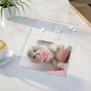 カスタムフォトアクリル製写真立て‐ネコの写真と名前とメッセージ入れ可能なメモリーを込めった卓上ペットグッズプラーク-肉球柄横向き