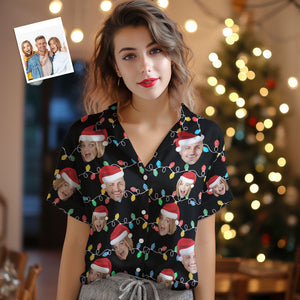 カスタム写真入れ可能な女性のアロハシャツオリジナル写真クリスマスイブクリスマスライト柄アロハシャツ