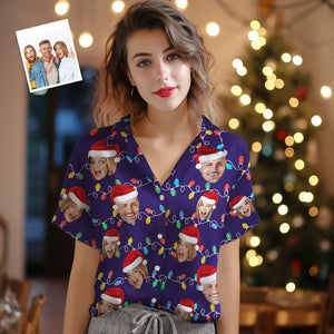 カスタム写真入れ可能な女性のアロハシャツオリジナル写真クリスマスイブクリスマスライト柄アロハシャツ