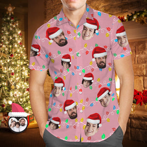 カスタム写真入れ男性アロハシャツ-オリジナル写真クリスマス家庭クリスマスライトアロハシャツ
