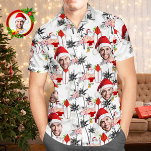カスタムフォトアロハシャツ－写真入り可能なオリジナルクリスマスアロハシャツギフト-リゾートサンタとフラミンゴ