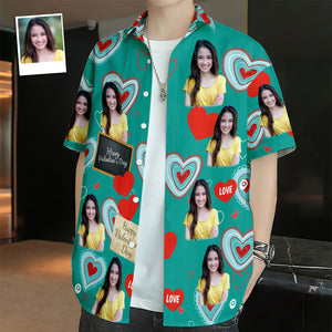 カスタムフォトアロハシャツ－お好きな写真入り可能なオリジナルバレンタインアロハシャツ - 甘いハート柄グリーン