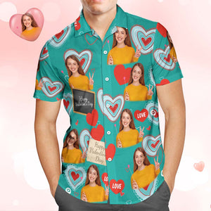 カスタムフォトアロハシャツ－お好きな写真入り可能なオリジナルバレンタインアロハシャツ - 甘いハート柄グリーン