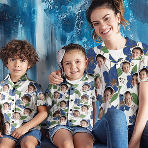 カスタムフェイスシャツ-写真入れ可能な女性用アロハシャツプレゼント-母の日ギフト青い花