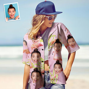 カスタムフェイスシャツ-写真入れ可能な女性用アロハシャツプレゼント-ピンクフラミンゴ