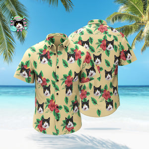 カスタムフォトアロハシャツ－写真入れ可能なオリジナルアロハシャツ-ネコとおしゃれな花柄