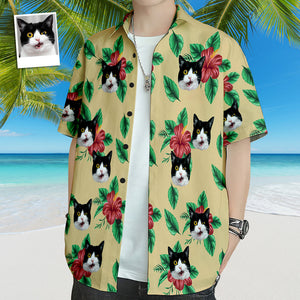 カスタムフォトアロハシャツ－写真入れ可能なオリジナルアロハシャツ-ネコとおしゃれな花柄