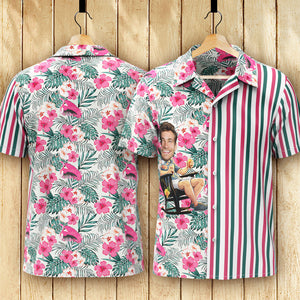 カスタムフォトアロハシャツ－写真入り可能なオリジナル縦縞アロハシャツ-ピンクの花