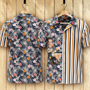 カスタムフォトアロハシャツ－写真入り可能なオリジナル縦縞アロハシャツ-ロマンチックなハワイの花