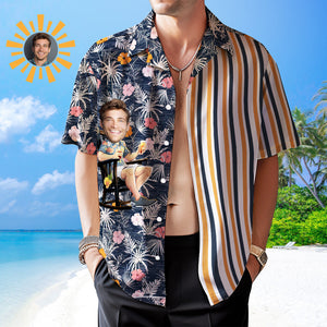 カスタムフォトアロハシャツ－写真入り可能なオリジナル縦縞アロハシャツ-ロマンチックなハワイの花