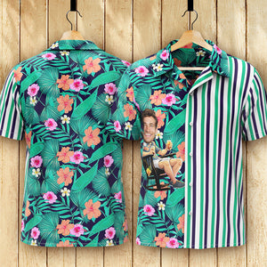 カスタムフォトアロハシャツ－写真入り可能なオリジナル縦縞アロハシャツ-緑の葉と花