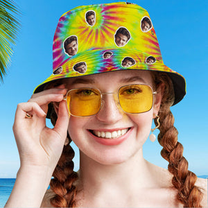 カスタムバケットハット-写真入れ可能な男女兼用日よけ帽子広いつばビーチスポーツハット絞染スタイル