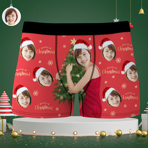 カスタム顔ボクサーパンツ-顔の写真入れ可能なオリジナルフォト下着ショーツクリスマスギフト-クリスマスツリーメリークリスマス