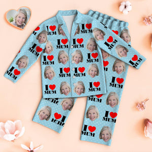 Custom Face Pajamas I Love Mum Personalized Photo Blue Pajamas Set Mother's Day Gifts