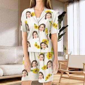 カスタムフォトパジャマ－写真入れ可能なオリジナルひまわり柄半袖パジャマ-夏の涼しいパジャマギフト