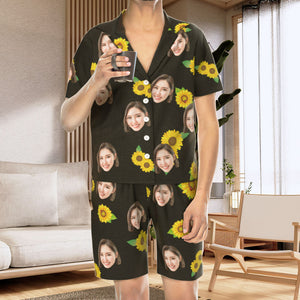 カスタムフォトパジャマ－写真入れ可能なオリジナルひまわり柄半袖パジャマ-夏の涼しいパジャマギフト