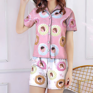 カスタムフォトパジャマ－カップル写真入れ可能なオリジナル夏の涼しい半袖パジャマギフト-甘いドーナツ