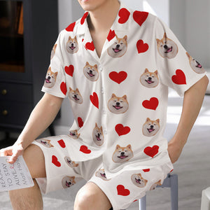 カスタムフォトパジャマ－写真入れ可能なオリジナル半袖上下セットパジャマ-ハート柄と背中の大きいサプライズ