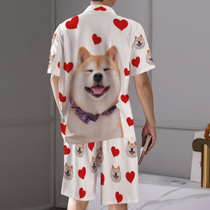 カスタムフォトパジャマ－写真入れ可能なオリジナル半袖上下セットパジャマ-ハート柄と背中の大きいサプライズ
