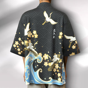 カスタムメンズ名前着物カーディガン－名入れ可能な和柄オリジナル甚平風羽織シャツ－花と鶴