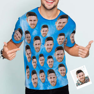 オーダーメイド男性用顔Tシャツ-顔の写真入れ可能な面白い絞り染めTシャツ-ブルー