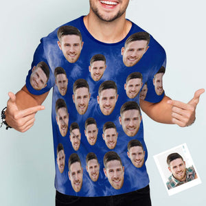 オーダーメイド男性用顔Tシャツ-顔の写真入れ可能な面白い絞り染めTシャツ-ダークブルー