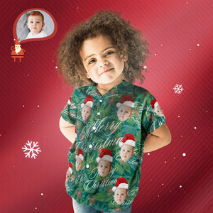 カスタムフェイスシャツ-写真入れ可能な子供用クリスマスアロハシャツ-葉柄