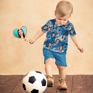 カスタムフェイスシャツ-写真入れ可能な子供用アロハシャツブルー半袖シャツ