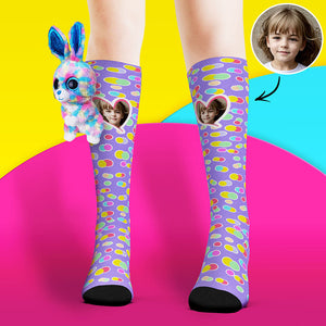 カスタム可愛い写真靴下-ニーハイフェイスソックスウサギ人形のカラフルな水玉ソックス