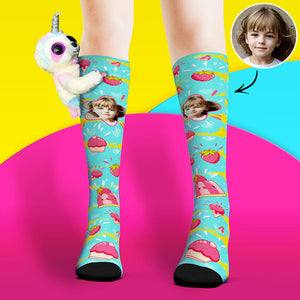 カスタム可愛い写真靴下-ニーハイフェイスソックスナマケモノ人形のピンクデザートの靴下