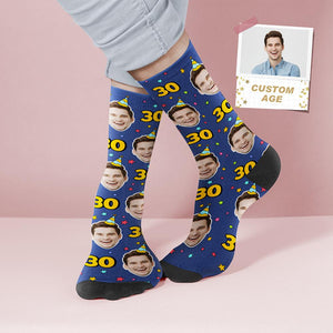 カスタムフェイスソックス-年齢と写真を入れ可能な靴下パーソナライズされた青い誕生日ソックスバースデーギフト