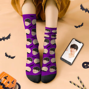 カスタムフェイスソックス-写真入り可能なオリジナル靴下-コウモリと月柄のハロウィンプレゼント