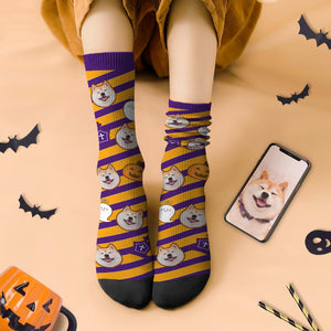 カスタムフェイスソックス-写真入り可能なオリジナル靴下-カボチャと幽霊柄のハロウィンプレゼント