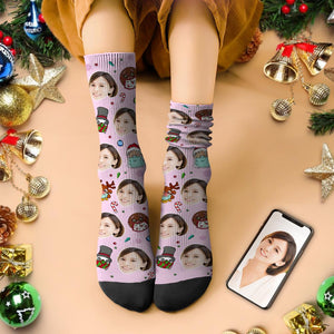 カスタムフェイスソックス-写真入り可能なオリジナルクリスマス靴下-トナカイと雪だるま柄