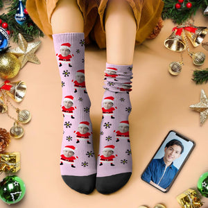 カスタムフェイスソックス-写真入り可能なオリジナルクリスマス靴下-雪とサンタ