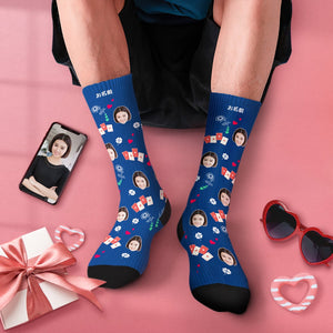 カスタムフェイスソックス-写真入り名入れ可能なトランプとハート柄のオリジナル靴下バレンタインプレゼント