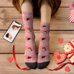 カスタムフェイスソックス-写真入り名入れ可能なハート柄のカップル靴下バレンタインギフト