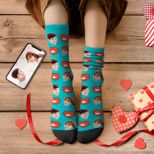 カスタムフェイスソックス-写真入り名入れ可能な狐ハート柄のオリジナル靴下バレンタインギフト