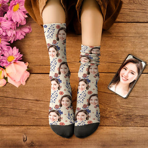 カスタムフェイスソックス-写真入り名入れ可能な花柄のオリジナル靴下母の日プレゼント