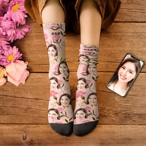 カスタムフェイスソックス-写真入り名入れ可能なカーネーションと葉柄のオリジナル靴下母の日プレゼント