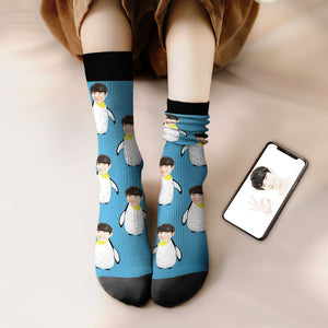 カスタムフェイスソックス-写真入り名入れ可能なかわいいペンギン柄のオリジナル靴下プレゼント