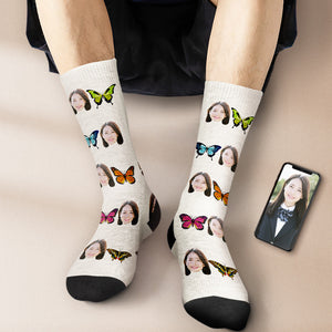 カスタムフェイスソックス-写真入れ名入れ可能な綺麗な蝶柄のオリジナル靴下プレゼント