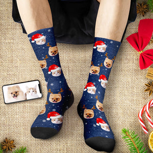 カスタムフェイスソックス-ペット写真入れ名入れ可能なサンタ帽子と鹿の角柄のオリジナルクリスマス靴下プレゼント